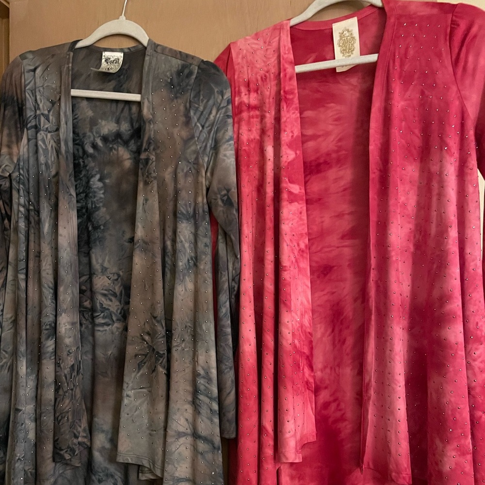 Vocal cardigans with bling. Pink or grey/brown. Size small. Never worn.